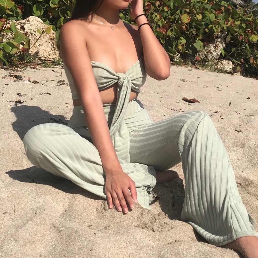 Light Green Mint Bandeau & Flare Pants Set